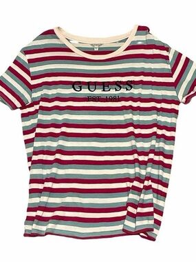 GUESS logo graphic tee w/ multicolored striped pattern